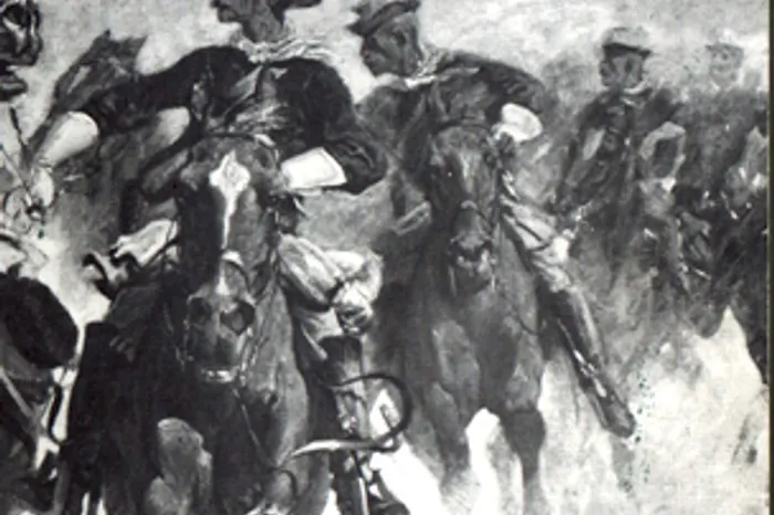 Black and white cavalry scene artwork